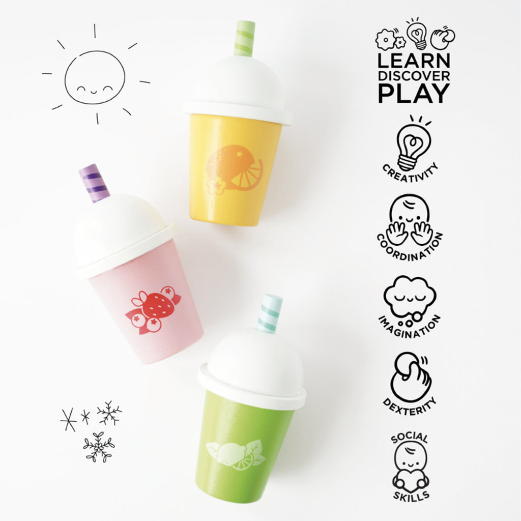 Strawberry-themed wooden smoothie cup from the Le Toy Van Honeybake take away set