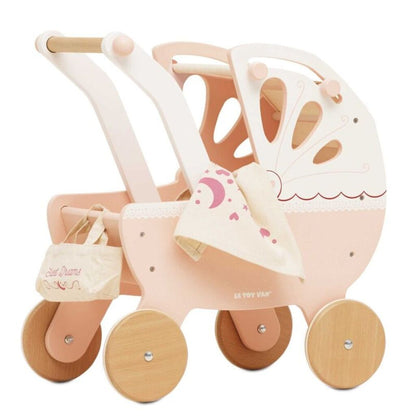 Le Toy Van retro wooden doll pram in pastel pink and cream with retractable canopy, mattress and rubber-tread wheels