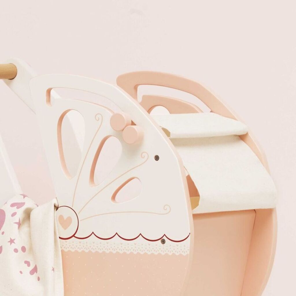 Coordinating changing bag included with the Le Toy Van retro wooden doll pram for extra nurturing role play