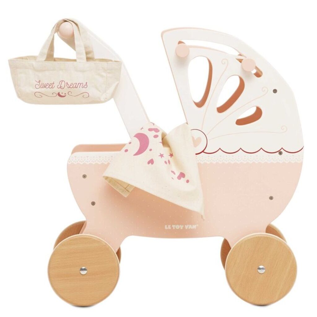 Close-up of the rubber-treaded wheels on the Le Toy Van retro wooden doll pram for smooth pushing on floors