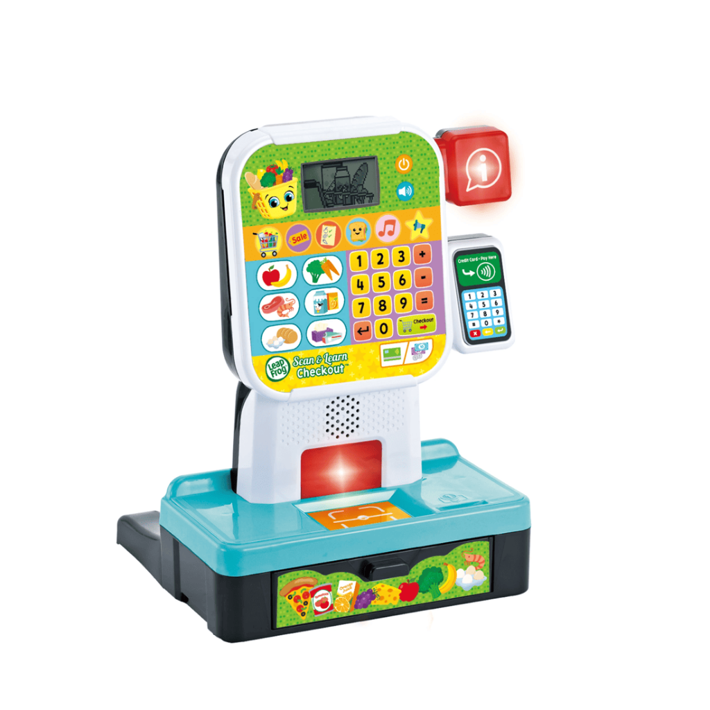 A LeapFrog Kids toy supermarket playset on a solid white background. The toy features a colorful yellow and white cash register on a teal and black base with a small drawer, accompanied by a red bell icon and a green phone icon.