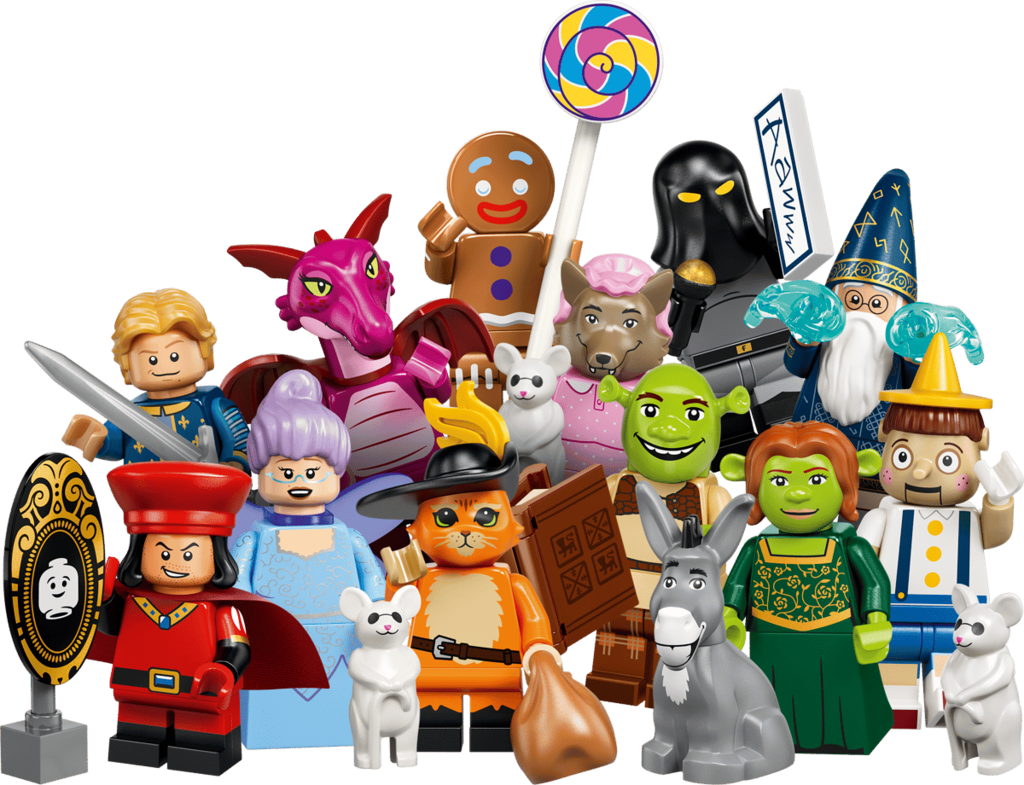 Full line-up of all 12 LEGO Shrek Series 71053 collectible minifigures from the DreamWorks Shrek films
