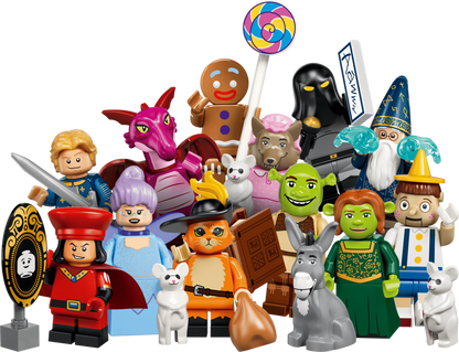 Full line-up of all 12 LEGO Shrek Series 71053 collectible minifigures from the DreamWorks Shrek films