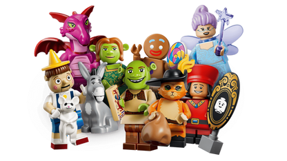 LEGO Shrek Series collectible minifigure with printed costume detail and a themed accessory from the films