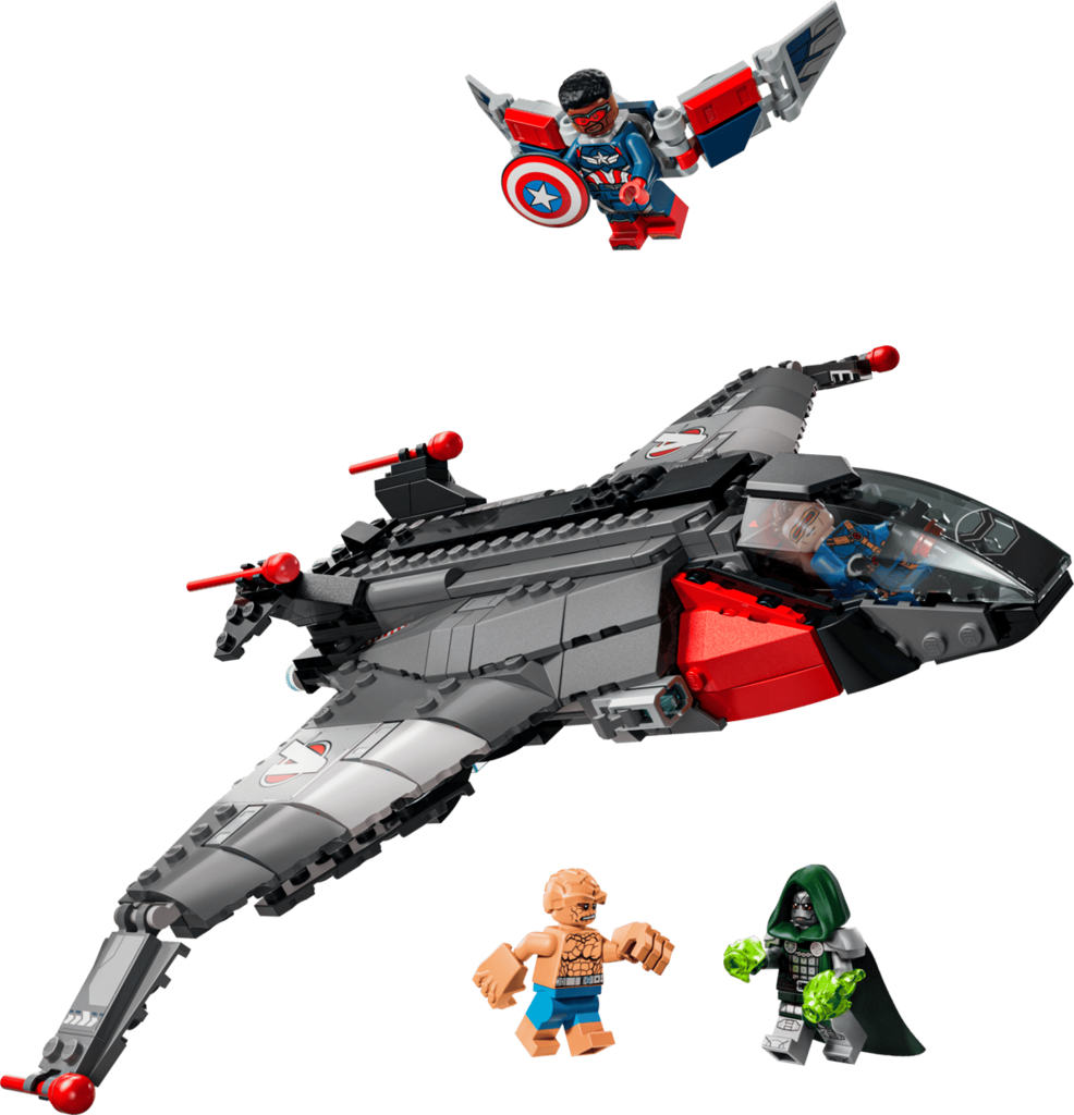 LEGO Marvel 76347 minifigures: Captain America with shield, Cyclops, The Thing and Doctor Doom with fabric cape