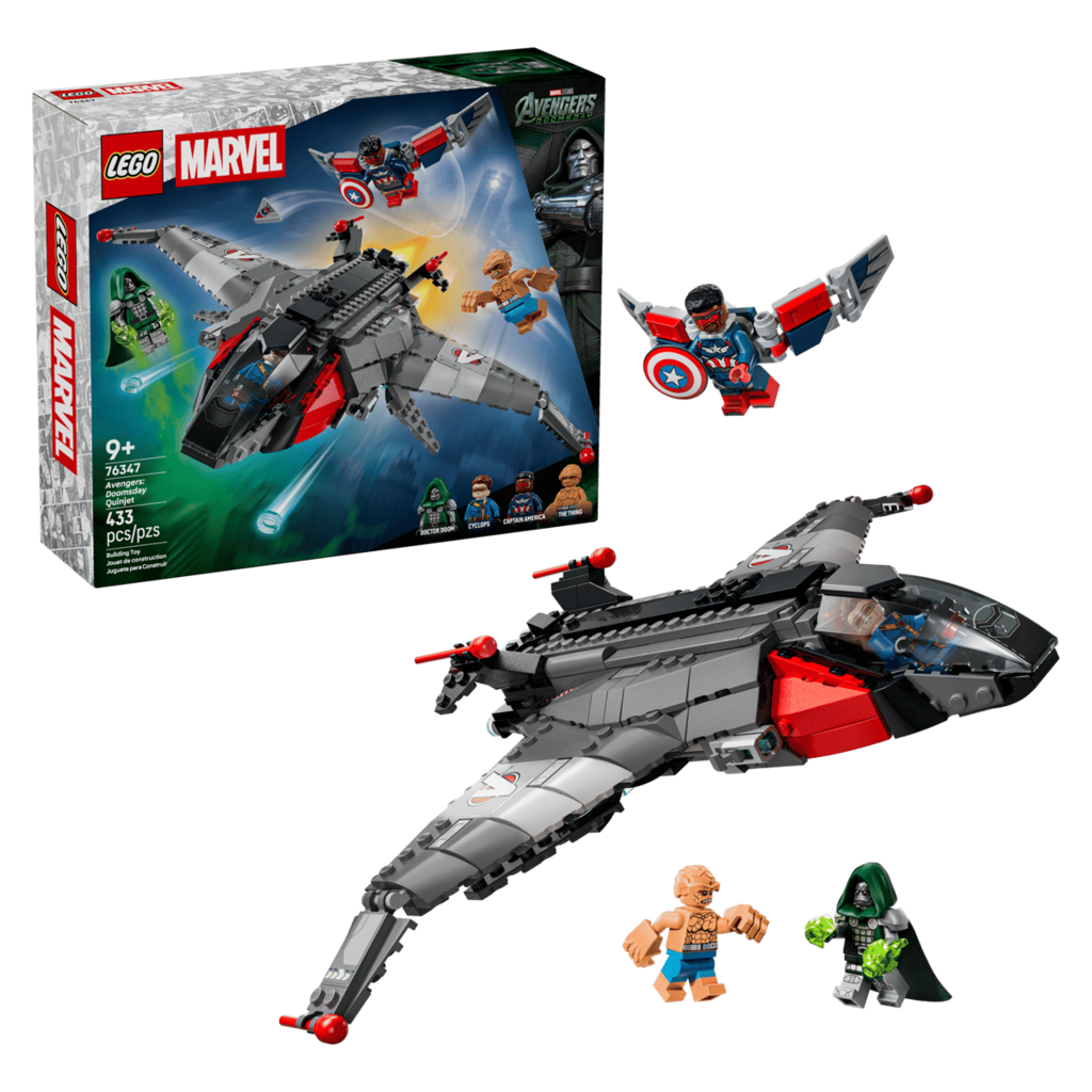 Completed LEGO Avengers: Doomsday Quinjet 76347 model in flight pose, measuring over 23cm long and 34cm wide
