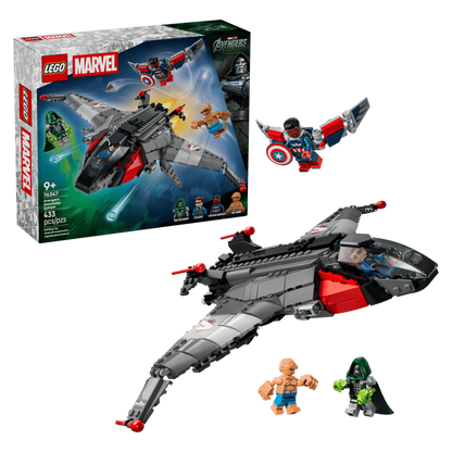 Completed LEGO Avengers: Doomsday Quinjet 76347 model in flight pose, measuring over 23cm long and 34cm wide