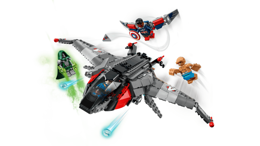 Two stud shooters mounted on the front of the LEGO Marvel Avengers: Doomsday Quinjet ready for battle play
