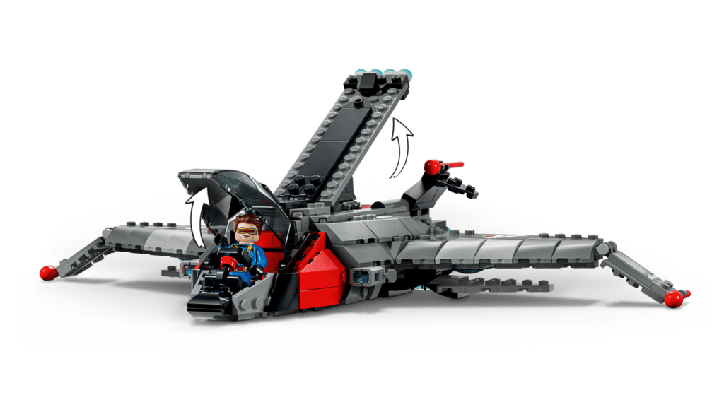 Captain America minifigure with foldable wings and shield flying alongside the LEGO Avengers Quinjet
