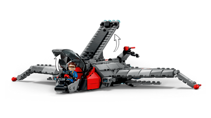 Captain America minifigure with foldable wings and shield flying alongside the LEGO Avengers Quinjet