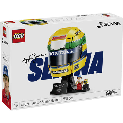 LEGO Editions Ayrton Senna Helmet 43024, a 931-piece yellow, green and blue F1 display model with plaque