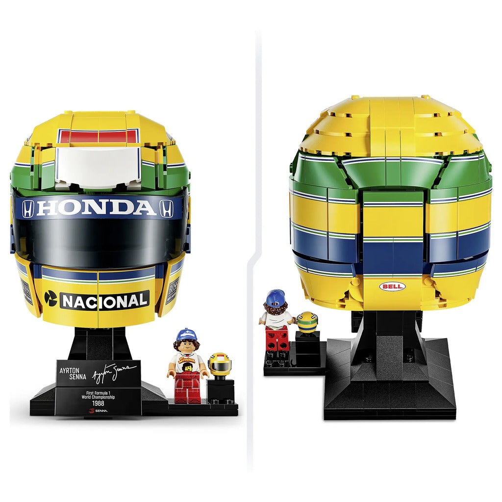 Top-down view of the LEGO Ayrton Senna helmet, showing the rounded shell shape built from 931 pieces