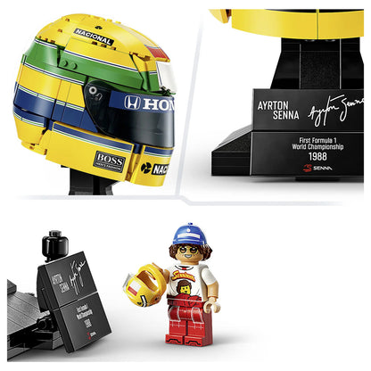 LEGO Ayrton Senna helmet displayed beside its matching minifigure as a motorsport collectible on a shelf
