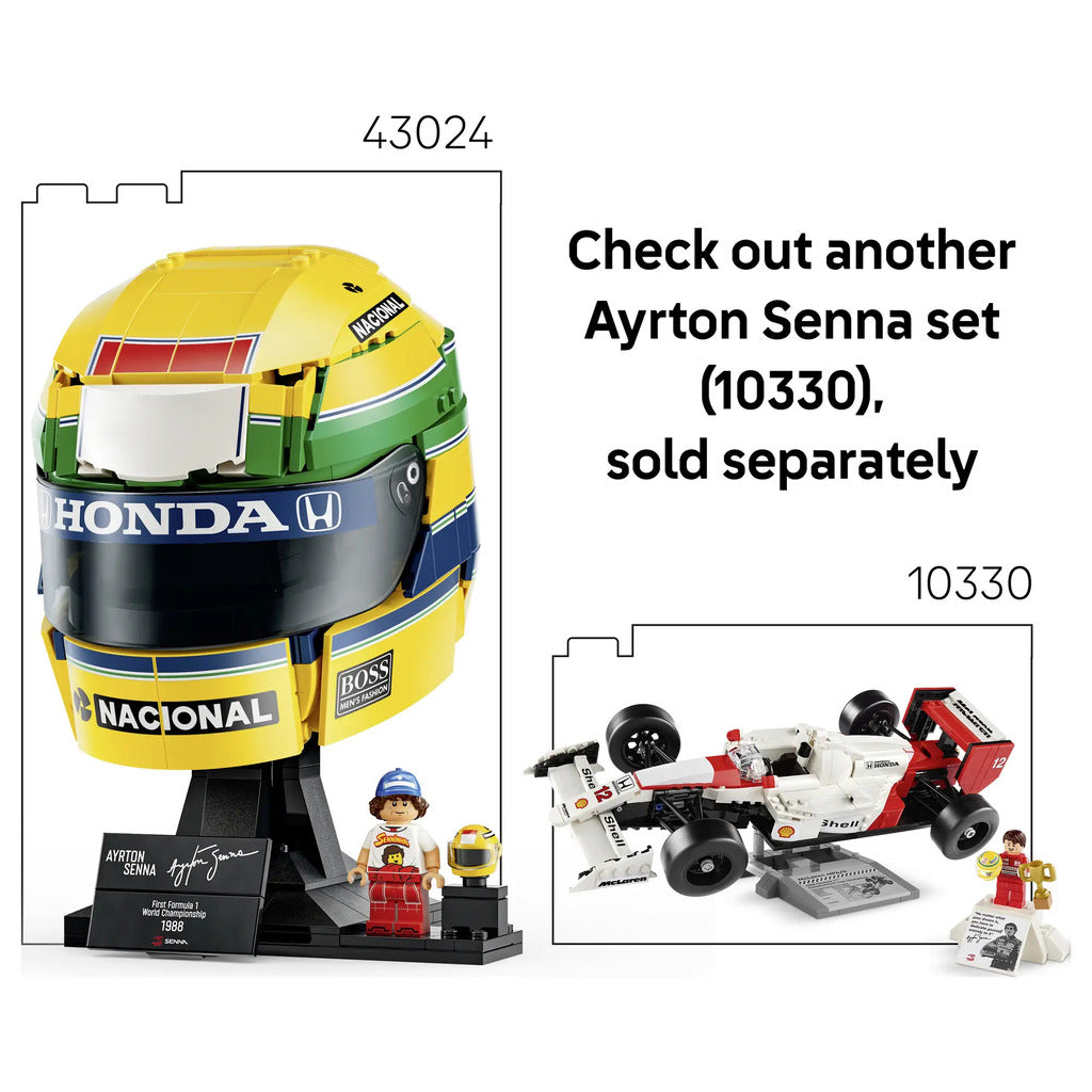 Front of the LEGO Ayrton Senna helmet model showing the visor and Brazilian flag-inspired colour scheme