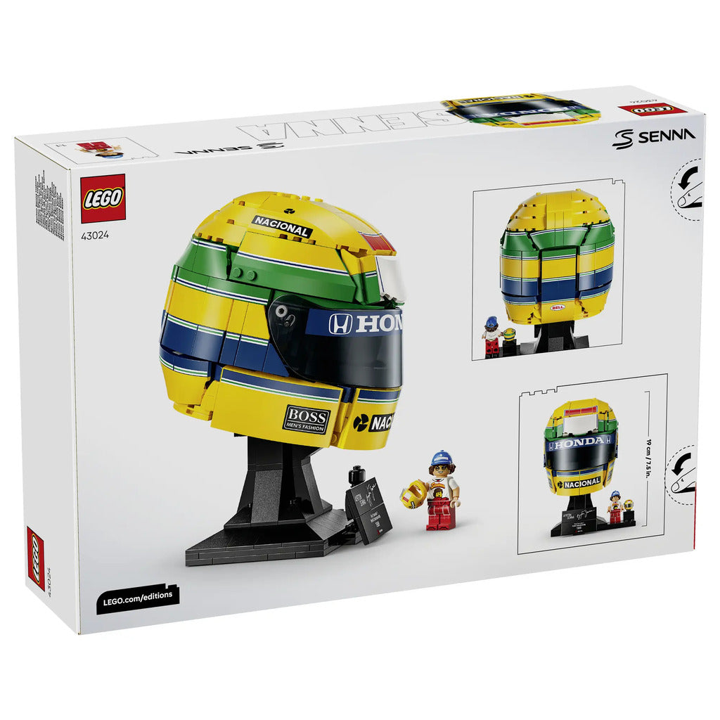 Side profile of the LEGO 43024 Senna helmet with printed period-style sponsor branding on the shell