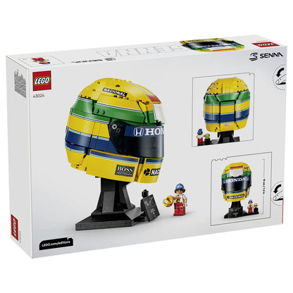 Side profile of the LEGO 43024 Senna helmet with printed period-style sponsor branding on the shell