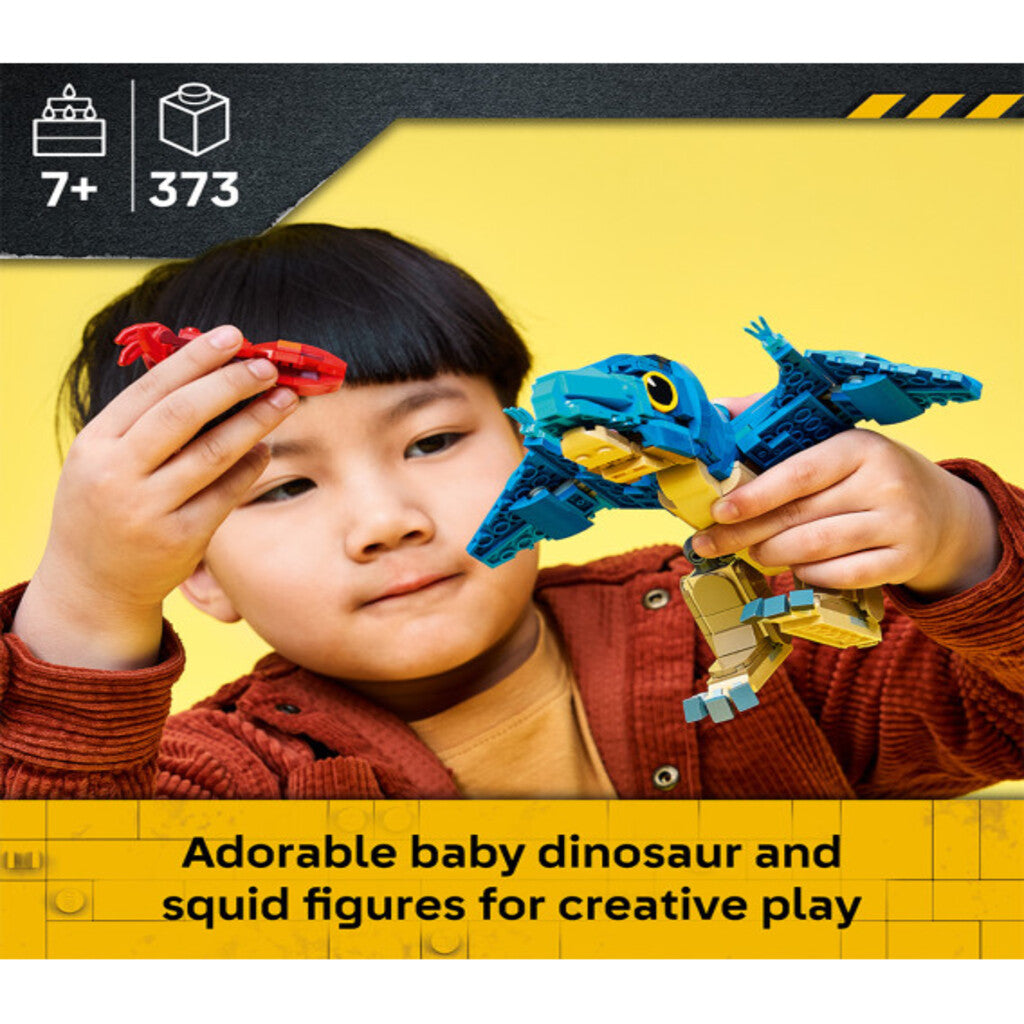 Posable wings on the 373-piece LEGO baby Pteranodon model shown in a lowered position