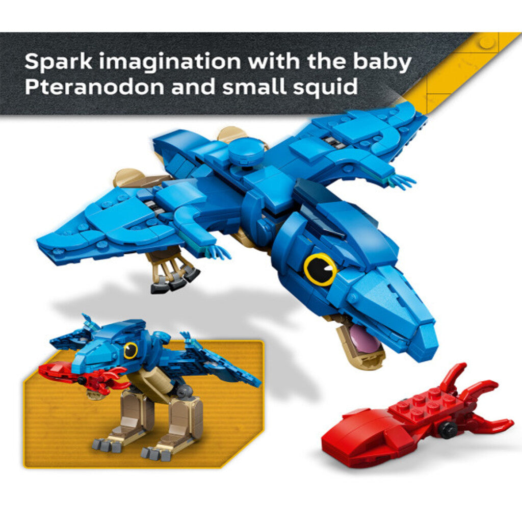 Side view of the LEGO Baby Dinosaur Pteranodon shown beside its box for a scale reference