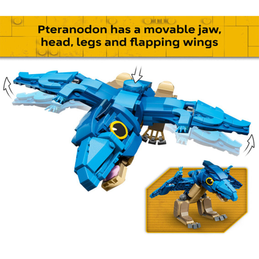 LEGO 77977 baby Pteranodon perched on a bedroom shelf beside other dinosaur models