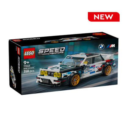 Rear three-quarter view of the LEGO BMW M3 E30 77263 showing its boot lid spoiler