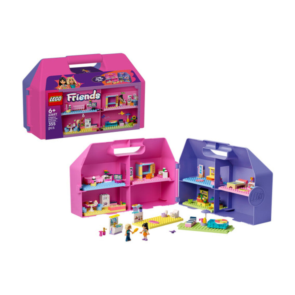 Overhead view of the opened LEGO 42697 dollhouse suitcase showing both room sections