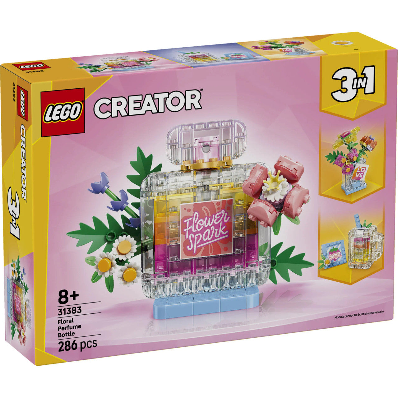 LEGO® Creator 3 in 1 Floral Decor Perfume Bottle 31383 featuring perfume bottle, flower vase and smoothie display models with colourful flowers
