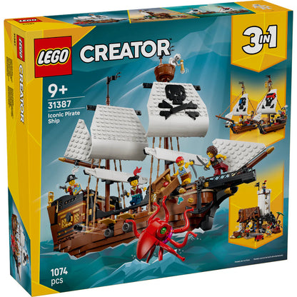 LEGO® Creator 3 in 1 Iconic Pirate Ship 31387 featuring a pirate ship, sea monster, pirate minifigures and treasure accessories
