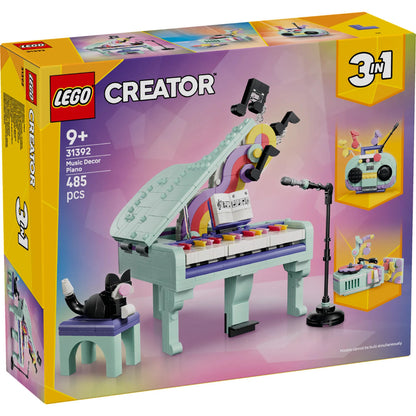 LEGO® Creator 3 in 1 Music Decor Piano with Cat 31392 featuring a colourful piano, cat figure, microphone and musical display accessories