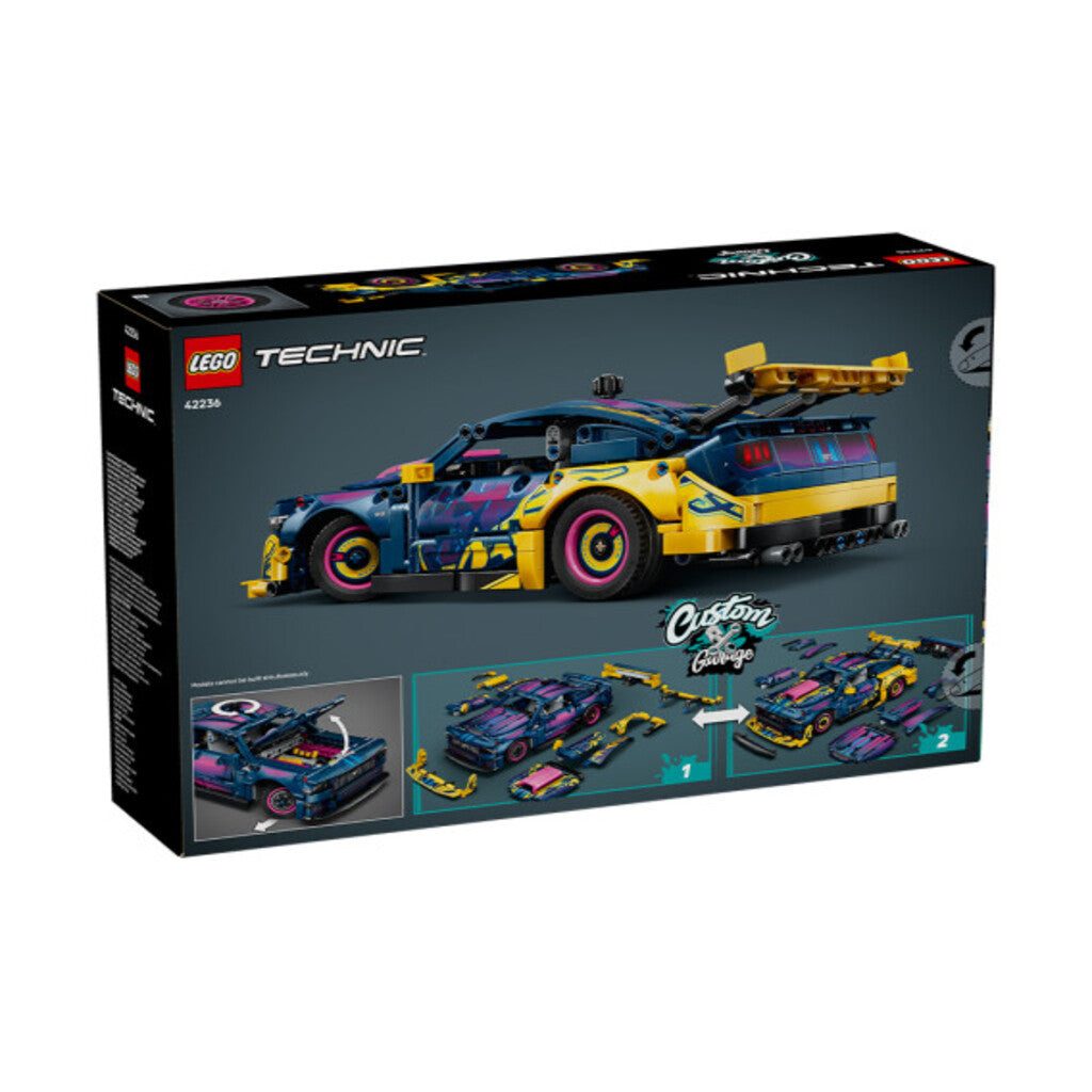 LEGO 42236 Ford Mustang GT with custom parts laid out on a home workbench mid-build