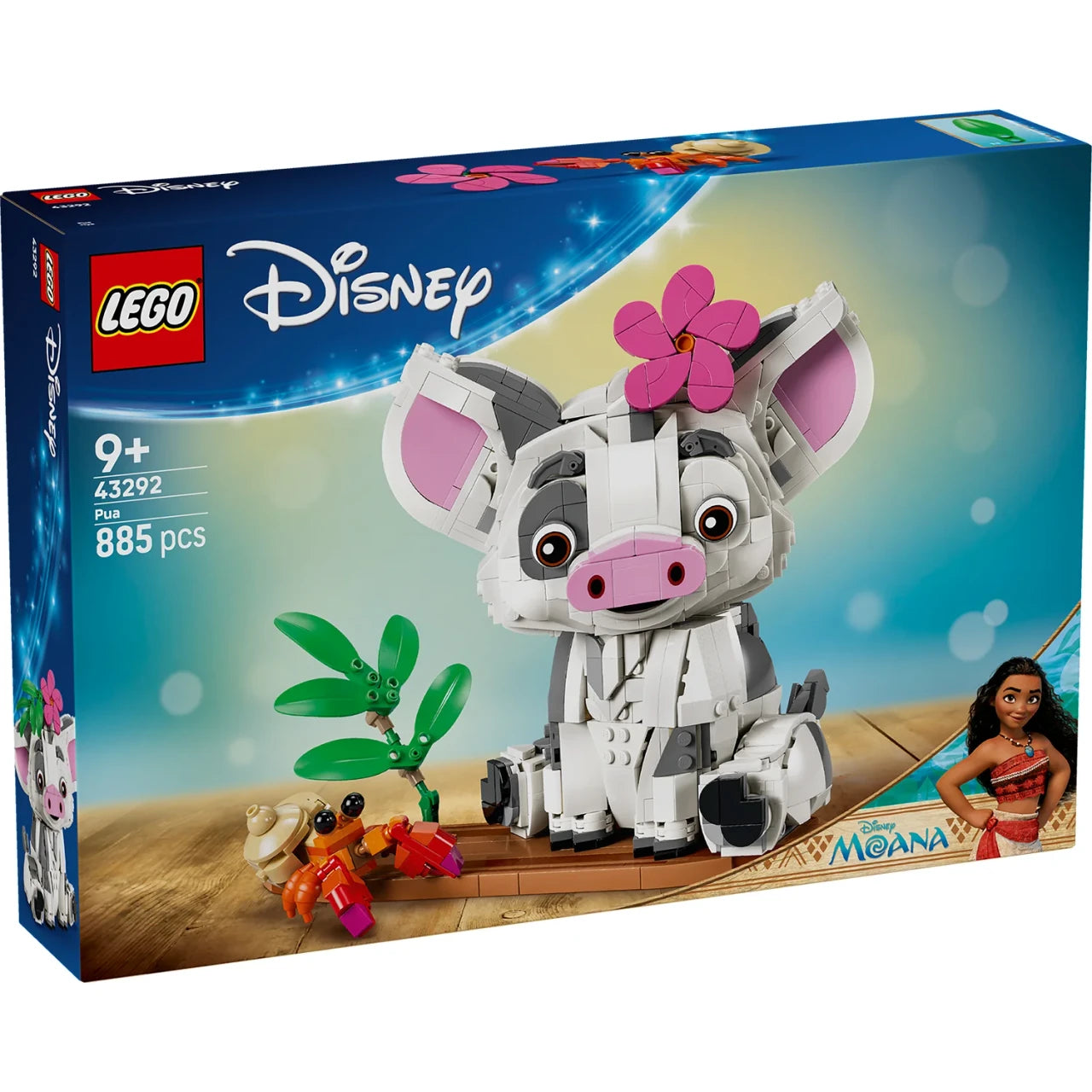 LEGO® Disney™ Moana – Pua 43292 posable pig display model featuring Pua with tropical display stand and crab companion