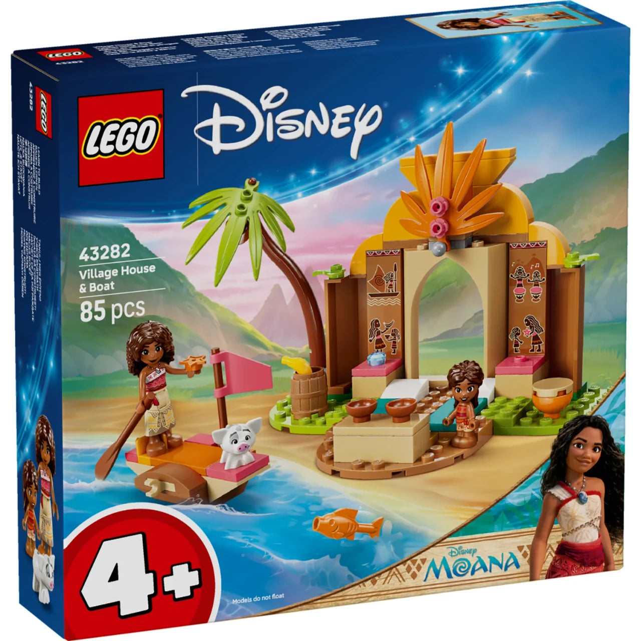 LEGO® Disney™ Village House & Boat 43282 featuring Moana, Simea, Pua, island home, palm tree and canoe inspired by Disney's Moana 2