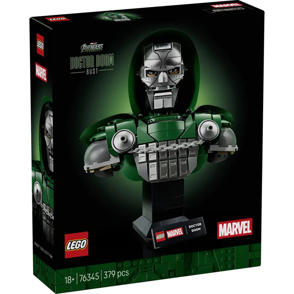 LEGO Marvel Doctor Doom Bust 76345, a 379-piece display model with metallic mask and cloak on a pedestal