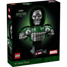 LEGO Marvel Doctor Doom Bust 76345, a 379-piece display model with metallic mask and cloak on a pedestal