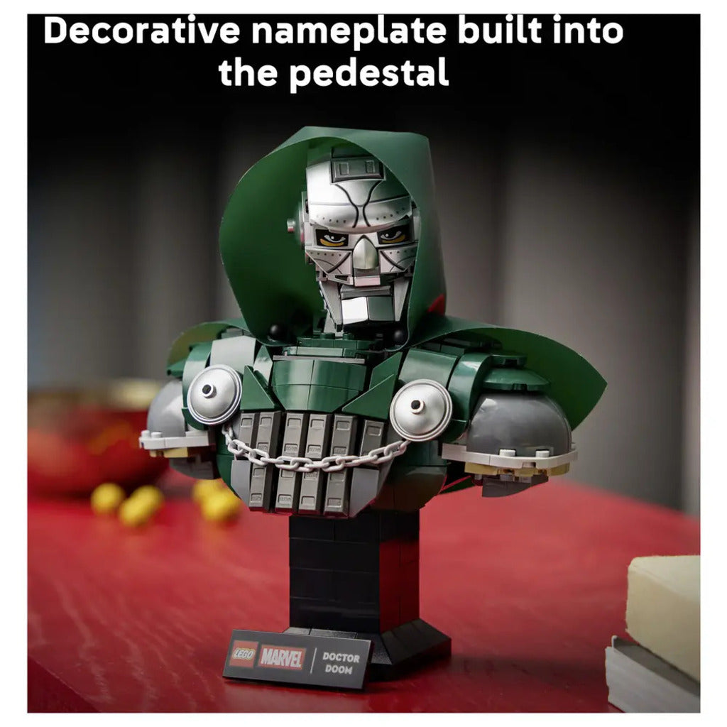 LEGO Marvel Doctor Doom bust on a desk, measuring about 17 x 14 x 7 cm to fit shelves and media units