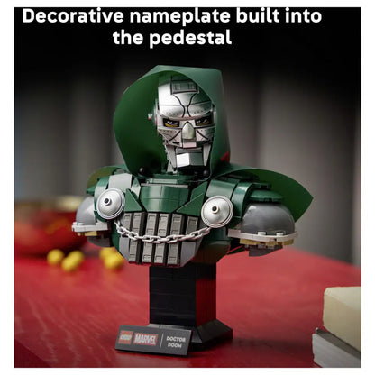 LEGO Marvel Doctor Doom bust on a desk, measuring about 17 x 14 x 7 cm to fit shelves and media units