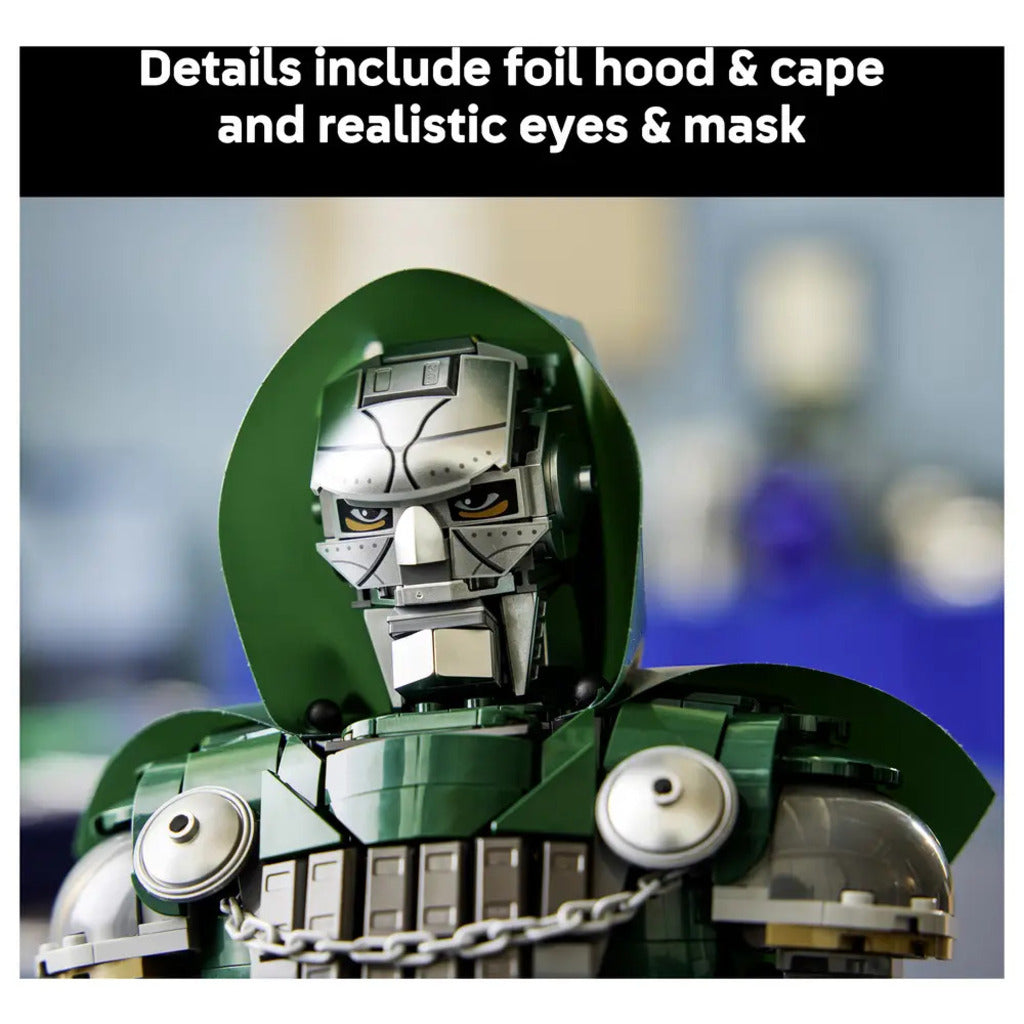 Front of the LEGO Marvel 76345 Doctor Doom Bust box, showing the finished model and 18+ age rating