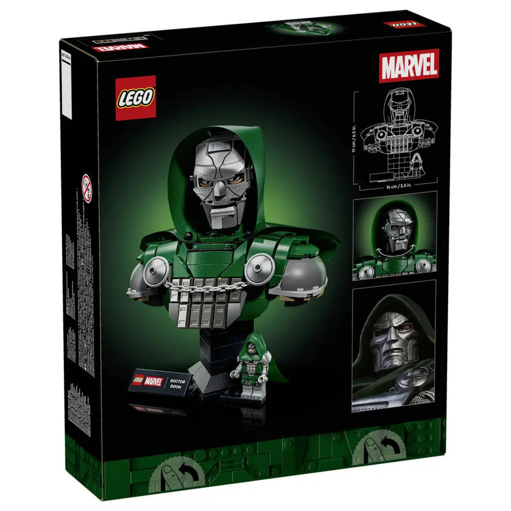 Front view of the LEGO Doctor Doom bust showing the movie-accurate metallic mask and eye detailing