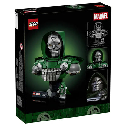 Front view of the LEGO Doctor Doom bust showing the movie-accurate metallic mask and eye detailing