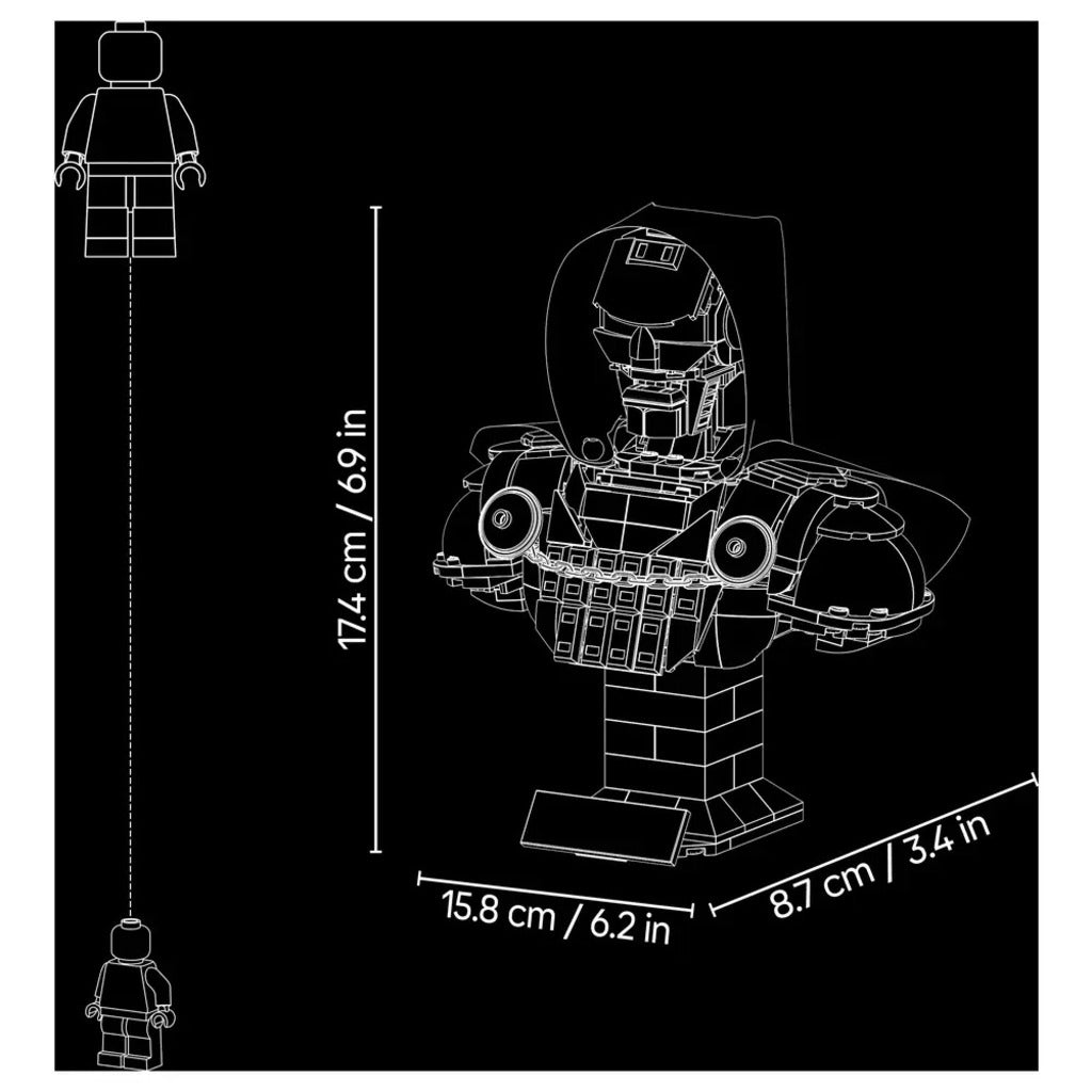 Side profile of the LEGO Marvel Doctor Doom bust with the foil hood framing the metallic mask
