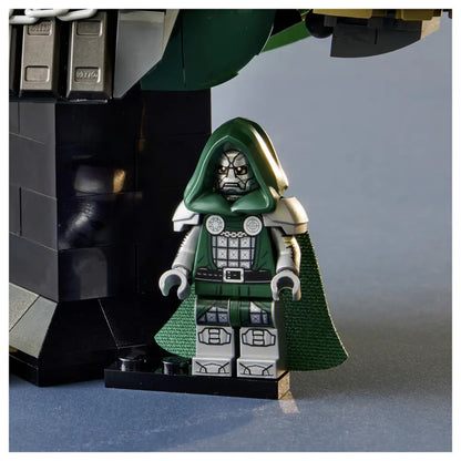 Close-up of the foil hood and cape elements that add fabric texture to the LEGO Doctor Doom bust