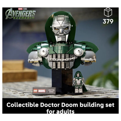 Built-in nameplate on the pedestal of the LEGO Marvel Doctor Doom bust from the Bust Collection