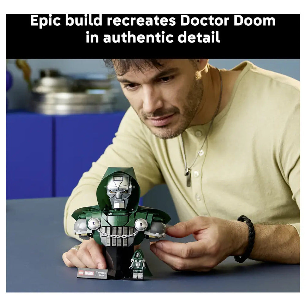 LEGO Doctor Doom bust with the neck and jaw repositioned to angle his gaze for a different display look