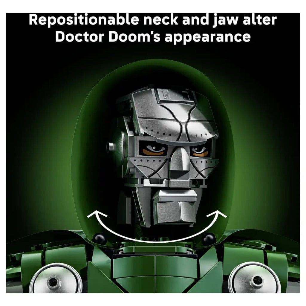 Rear view of the 17 cm tall LEGO Doctor Doom bust showing how the cloak falls over the shoulders