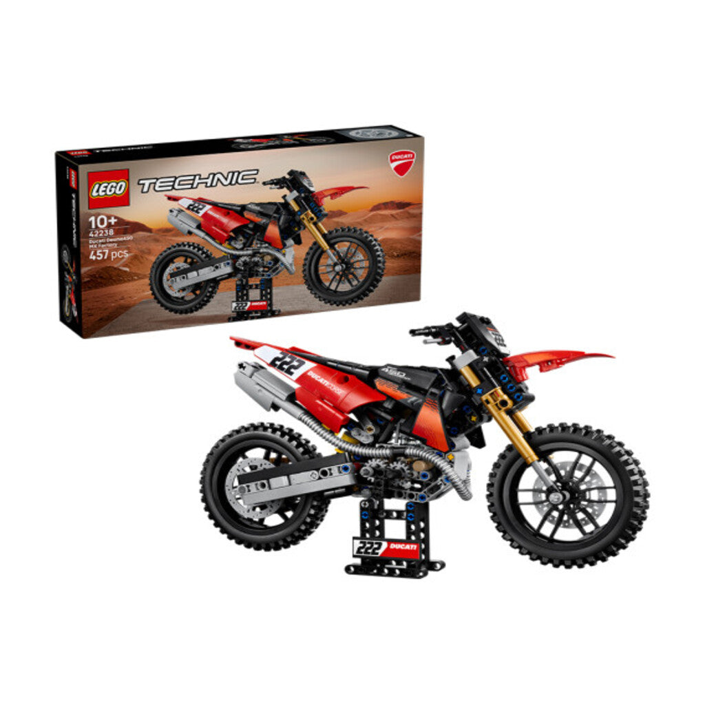 Close-up of the suspension forks and knobbly tyre detail on the LEGO Ducati Desmo450 MX model
