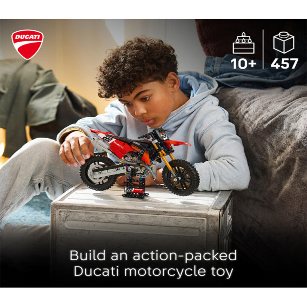 Display stand included with the LEGO Ducati Desmo450 MX Factory motorcycle 42238 set