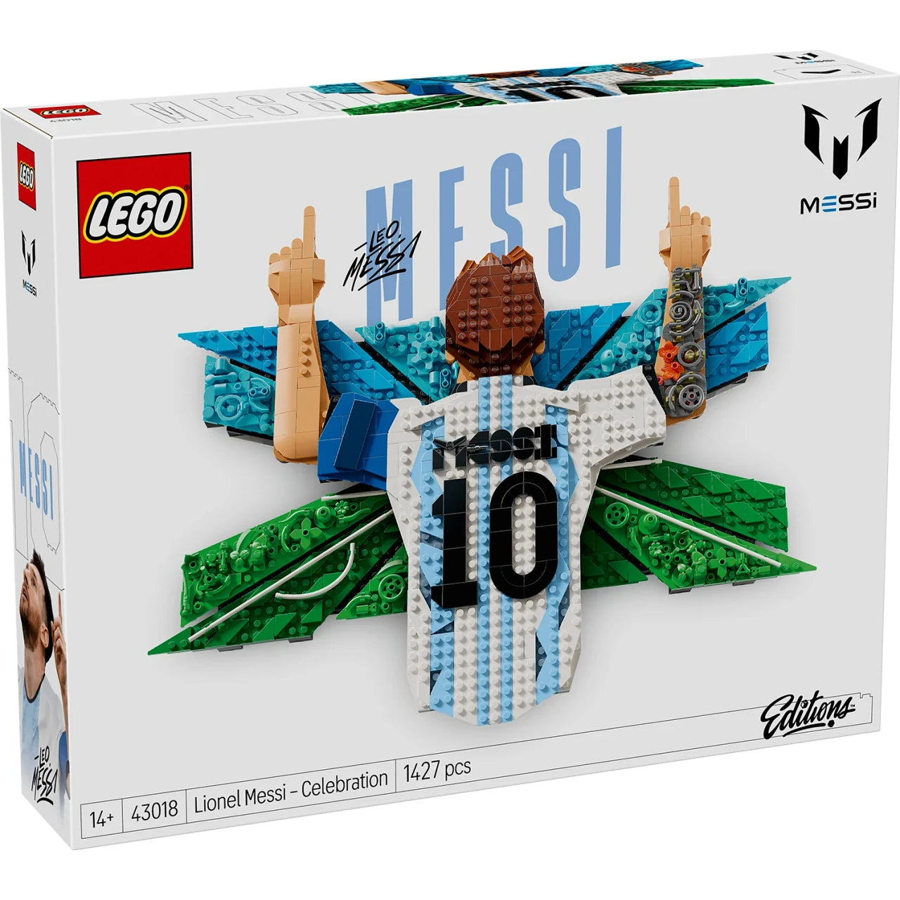 LEGO® Editions Lionel Messi – Celebration 43018 featuring Lionel Messi's iconic victory pose wearing the Argentina Number 10 jersey