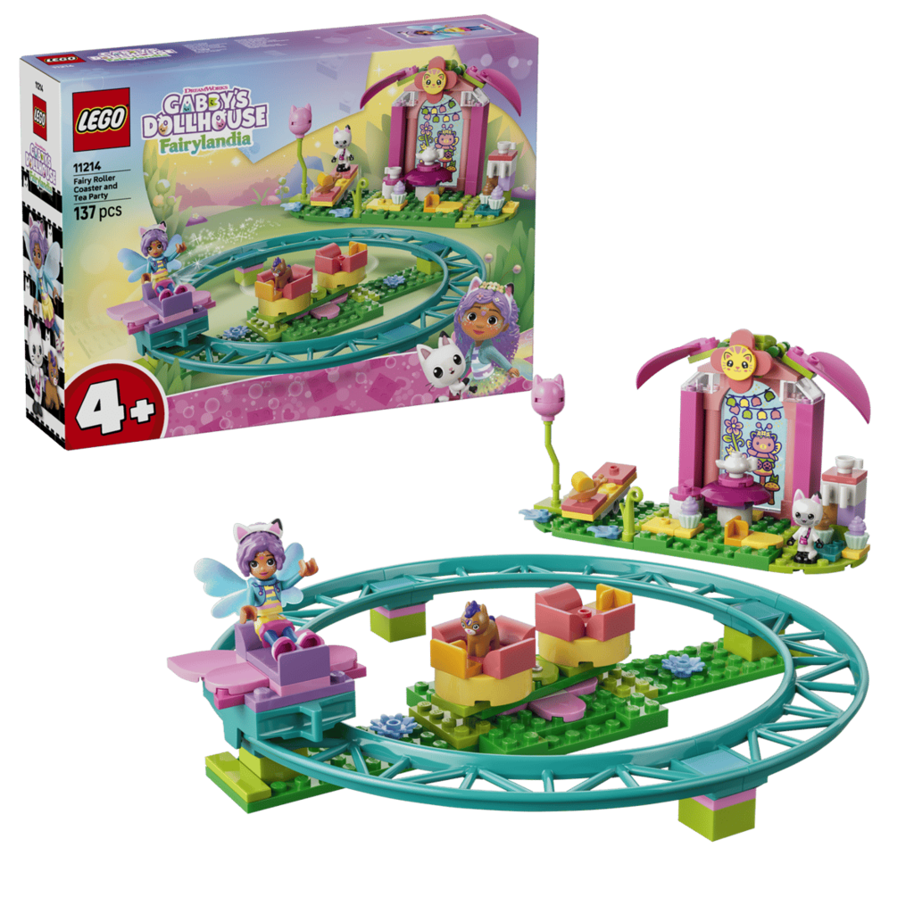 Overhead view of the LEGO 11214 fairy roller coaster showing the full track loop and tea table