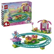 Overhead view of the LEGO 11214 fairy roller coaster showing the full track loop and tea table