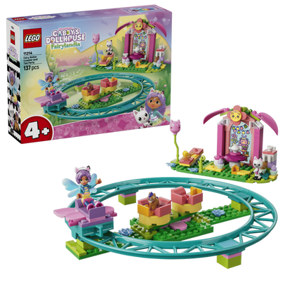 Overhead view of the LEGO 11214 fairy roller coaster showing the full track loop and tea table