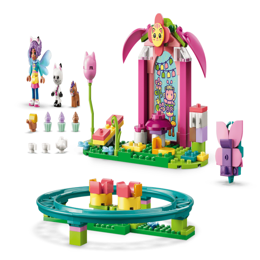 All 137 pieces of the LEGO Fairy Roller Coaster and Tea Party laid out beside the finished build
